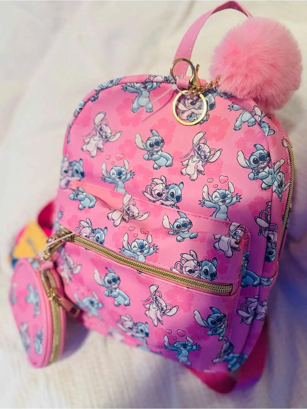 NWT Disney Stitch & Angel Pink Mini Backpack with Coin Purse & Pom Pom